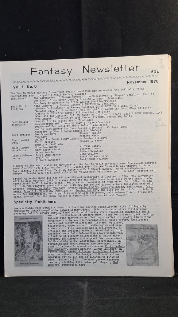 Fantasy Newsletter Volume 1 Number 6 November 1978