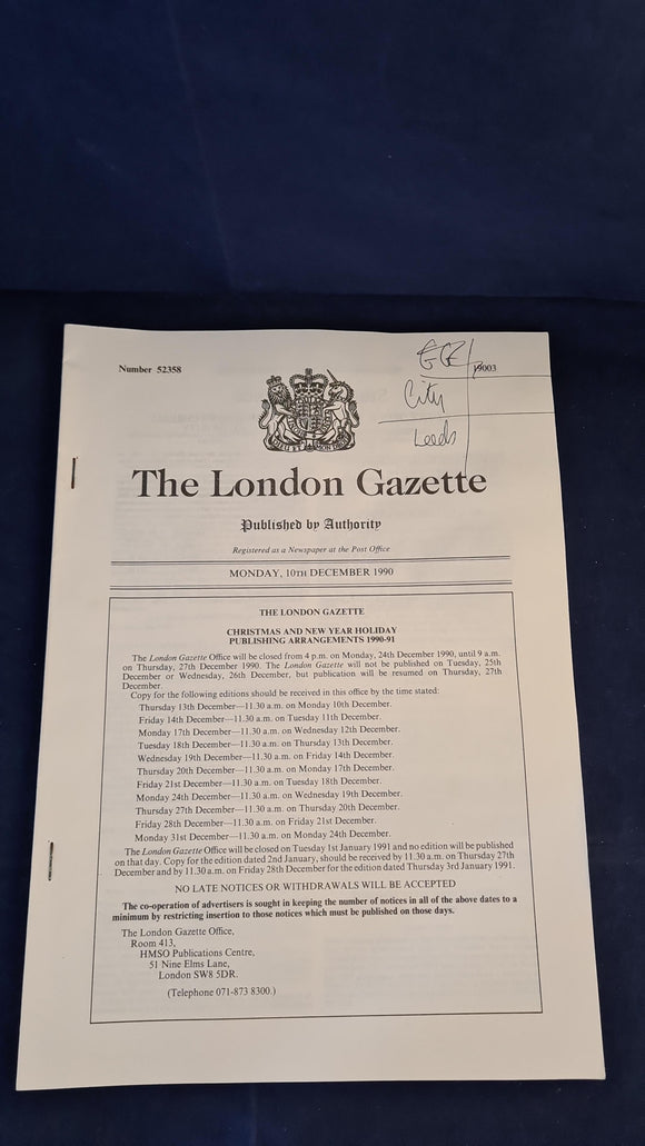London Gazette Monday, 10th December 1990, Official Public Record