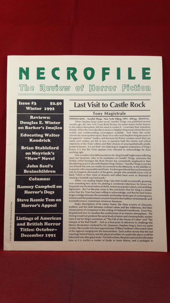 Necrofile - The Review of Horror Fiction, Issue 3 Winter 1992, Necronomicon Press