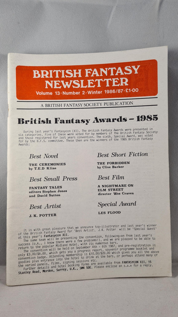 British Fantasy Newsletter Volume 13 Number 2 Winter 1986/87