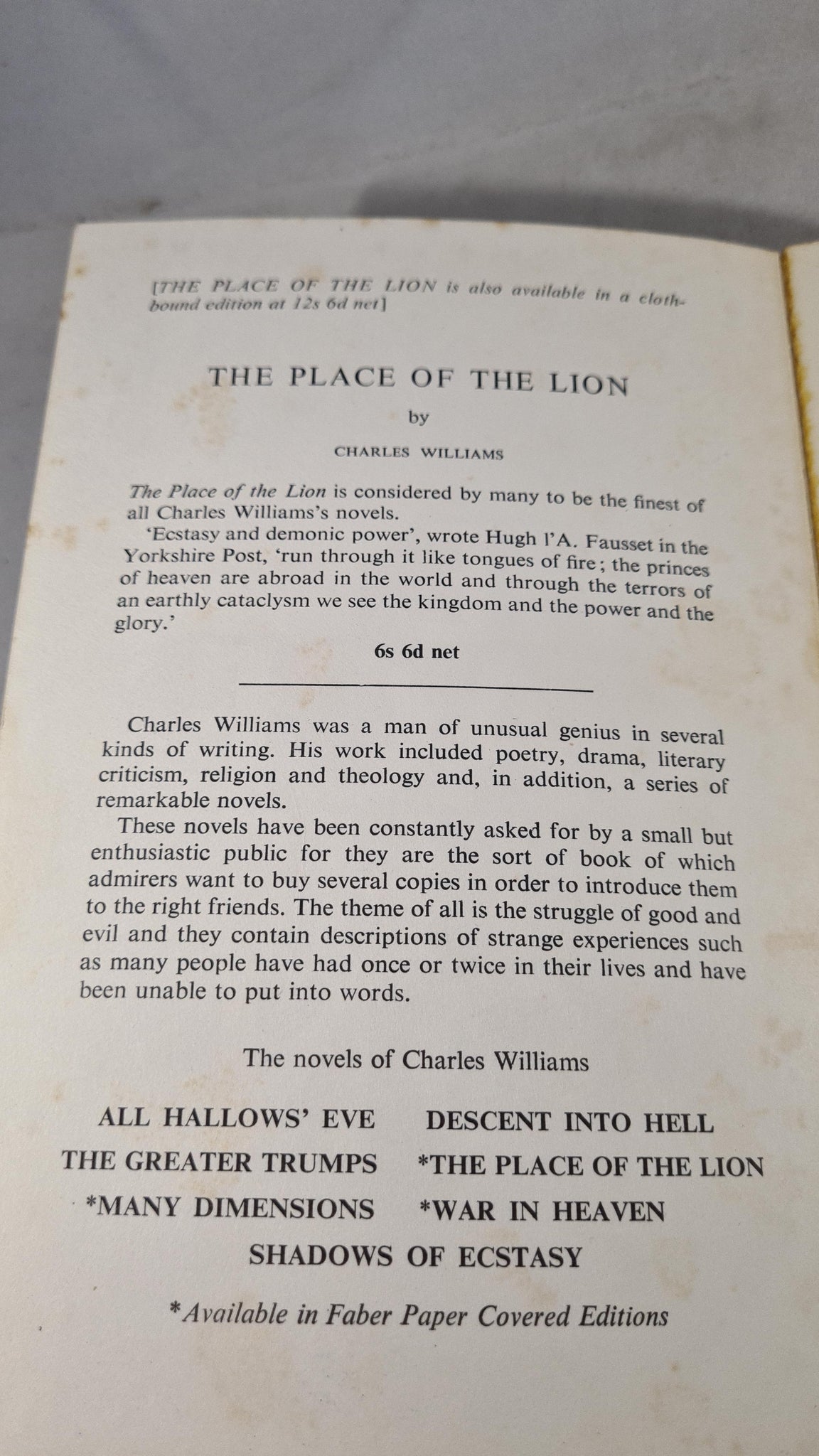 Charles Williams The Place of the Lion, Faber, 1965, Paperbacks