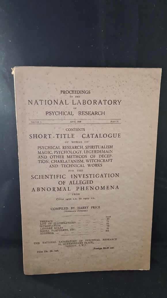 Harry Price - Short-Title Catalogue Volume 1, Part II April 1929 with Supplement 1935